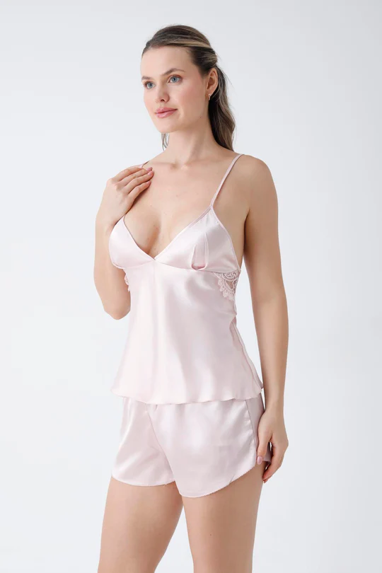 Isabelle Satin Cami Set with Floral Lace Accent