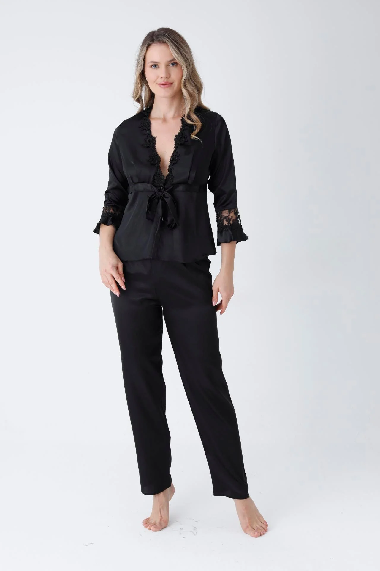 Noelle Lace-Trim Satin Pajama Set